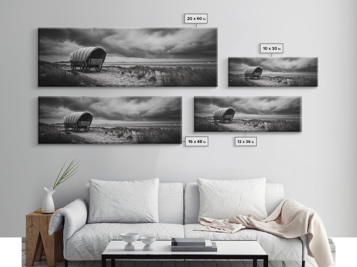 Covered Wagon, coastal cowgirl wall art, rustic decor, farmhouse art, long narrow wall art, framed canvas print, extra wide art