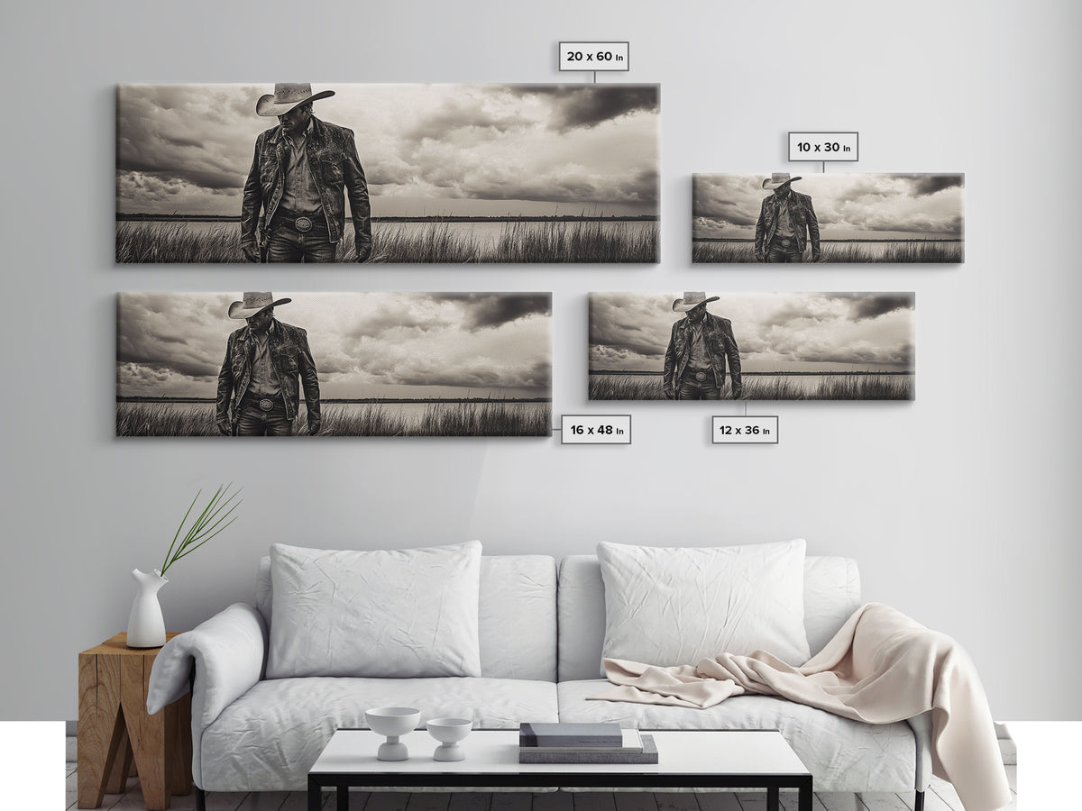 Cowboy Portrait, rustic wall art, moody art, black cowgirl painting, wabi sabi art, western decor, framed canvas print, extra wide art