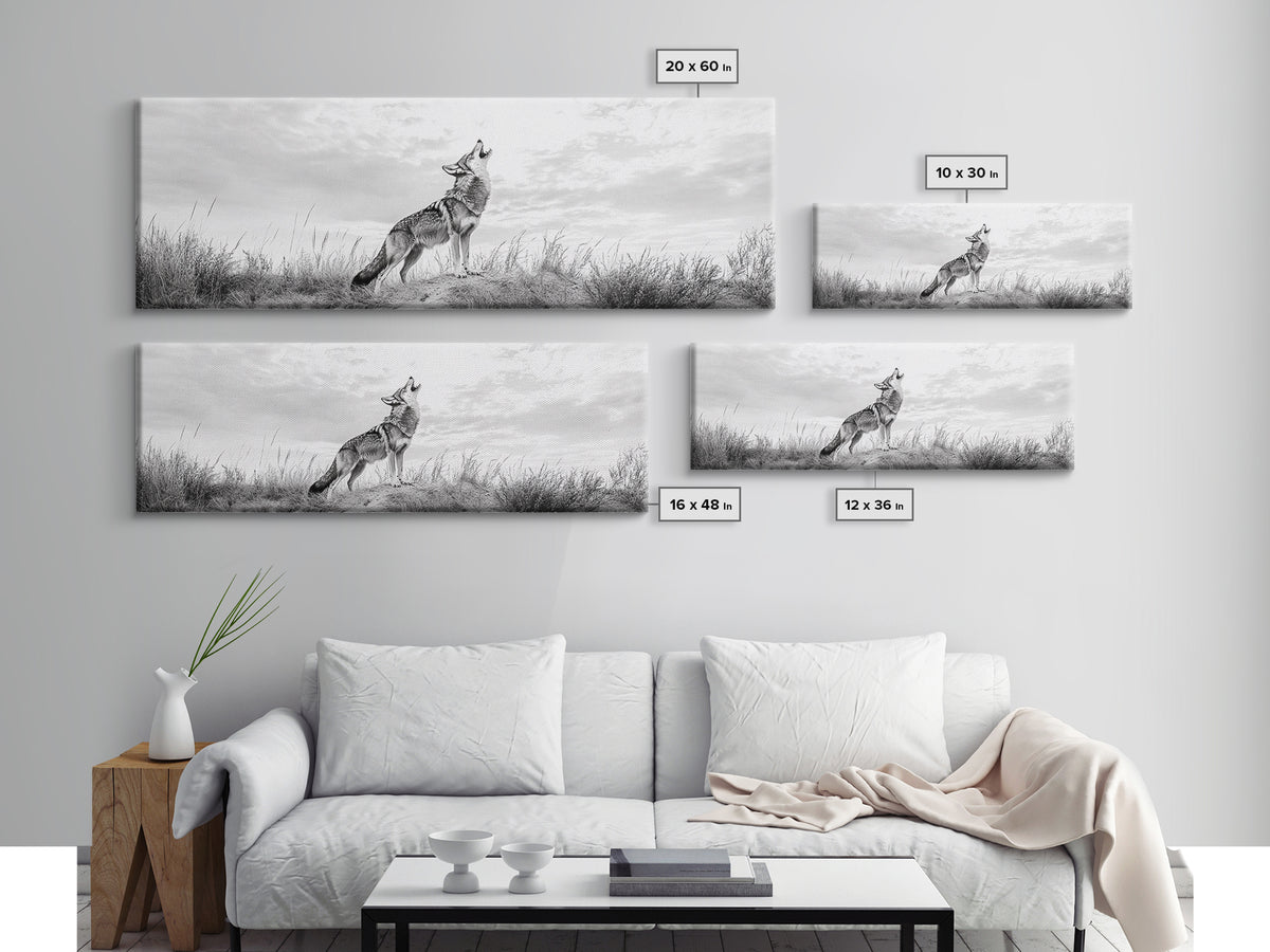 Lone Coyote, southwest wall art, wabi sabi art, extra wide art, moody art, landscape painting, framed canvas print, panoramic art
