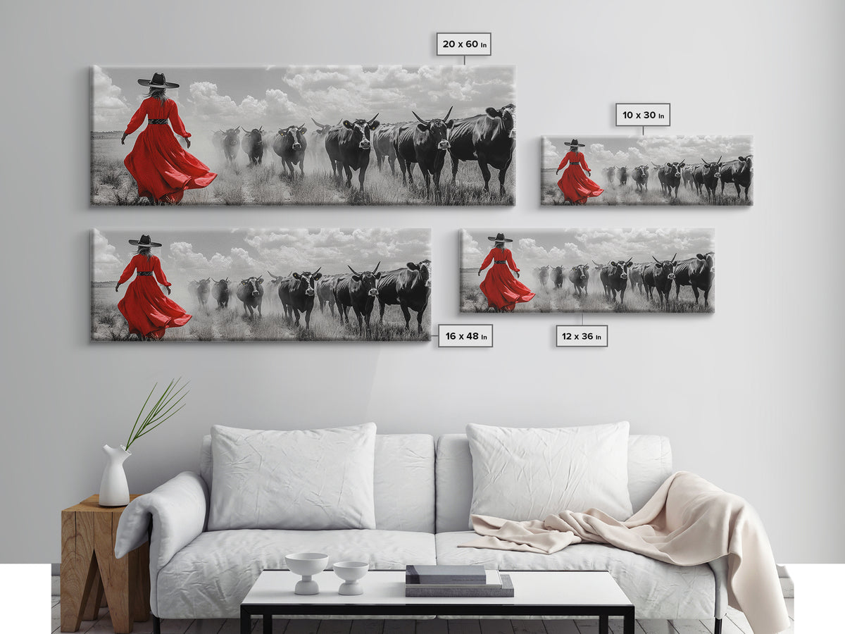 Cowgirl Herding Cattle, Western Art, Ranch Life Art, Black Cowgirl Painting, Rustic Wall Art, Panoramic Art, Canvas Print