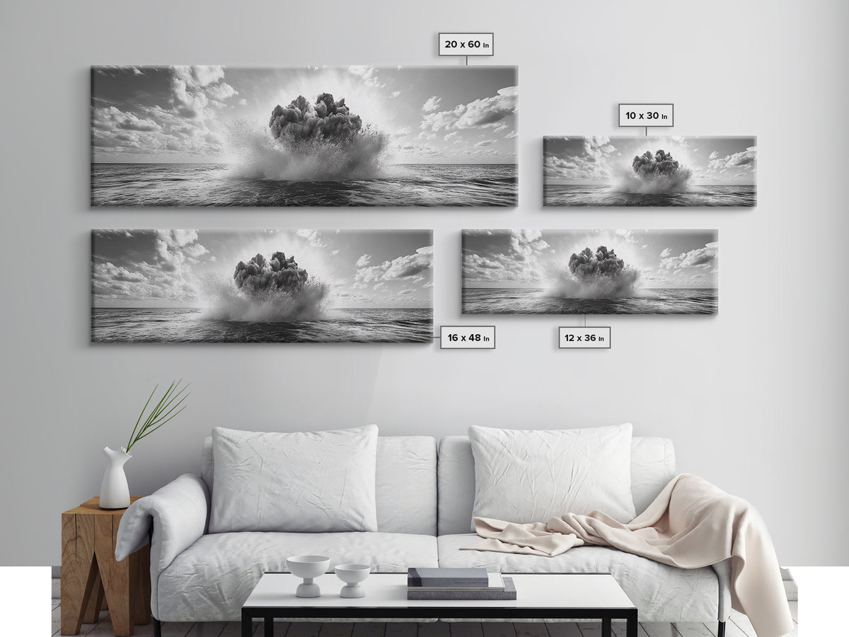 Explosion, dramatic seascape, moody art, panoramic art, extra wide art, coastal wall art, framed canvas print, ocean painting, nautical decor