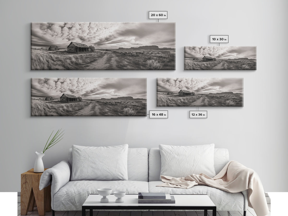 Abandoned cabin, western landscape, rustic wall art, panoramic art, extra wide art, southwest wall art, framed canvas print, farmhouse decor