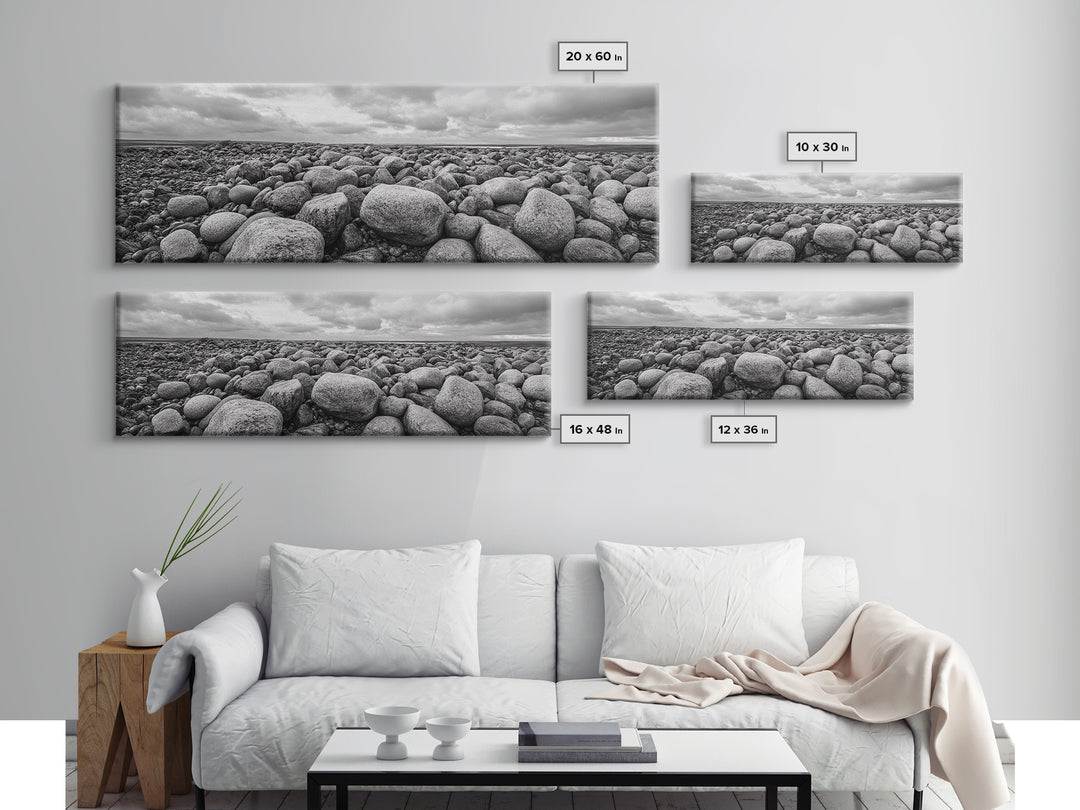 Rocky terrain, minimalist art, wabi sabi art, panoramic art, extra wide art, landscape painting, framed canvas print, moody art, rustic decor