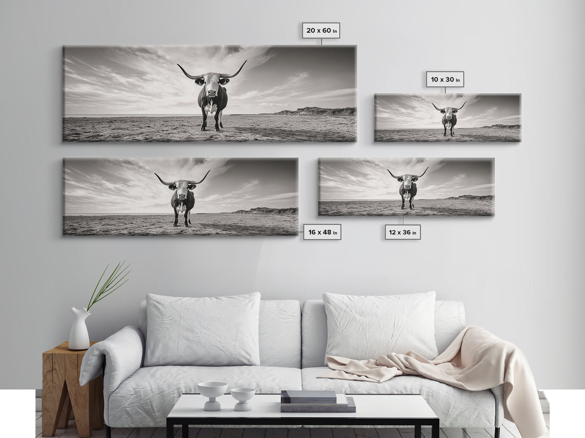 Longhorn, western landscape, bull and bear art, panoramic art, extra wide art, rustic wall art, framed canvas print, farmhouse decor, moody art