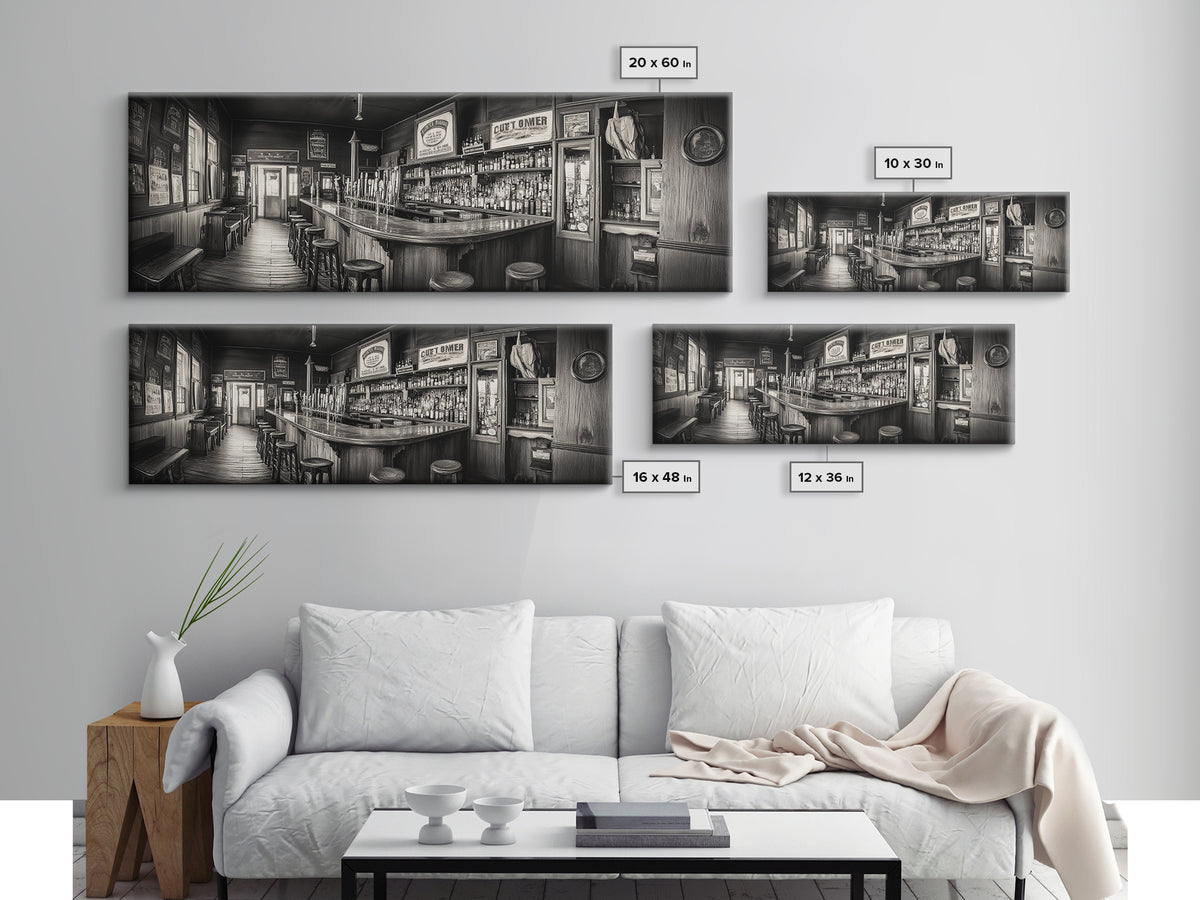 Western Saloon, rustic wall art, extra wide art, panoramic art, farmhouse art, bar decor, moody art, framed canvas print, above sofa art