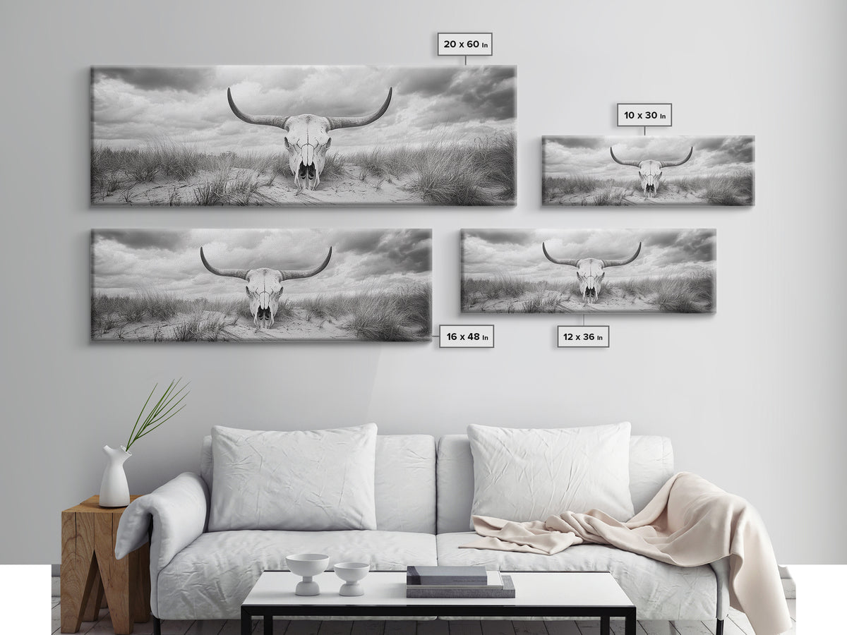 Longhorn Skull, skull art, western wall art, rustic decor, moody art, desert painting, farmhouse art, panoramic art, framed canvas print