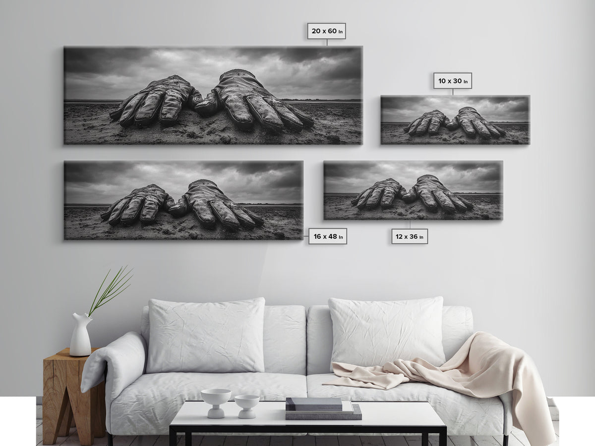 Leather Work Gloves, rustic wall art, moody art, wabi sabi art, extra wide art, panoramic art, farmhouse art, framed canvas print, cowboy art