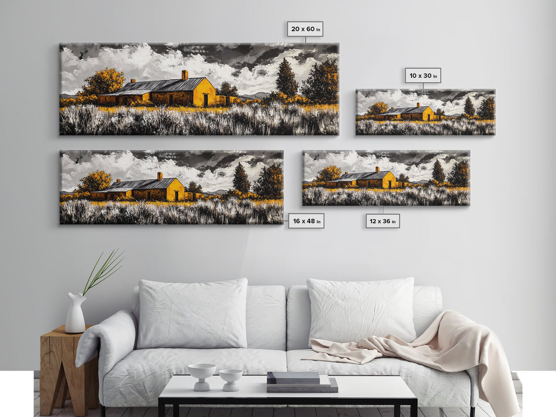 Adobe House, southwest wall art, rustic decor, farmhouse art, warm tones, panoramic art, moody art, extra wide art, framed canvas print