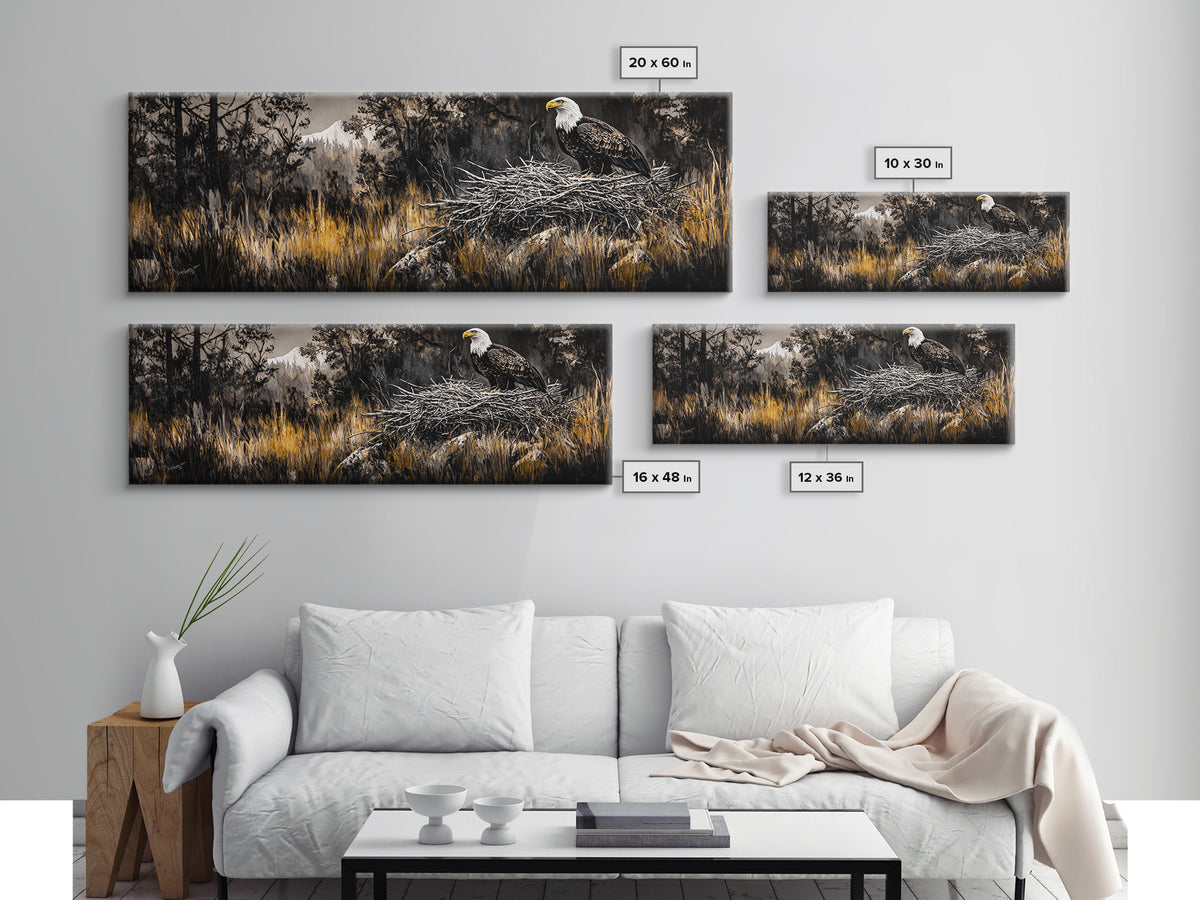 Bald Eagle, wildlife art, eagle painting, southwest wall art, rustic decor, panoramic painting, moody art, framed canvas print, above sofa art