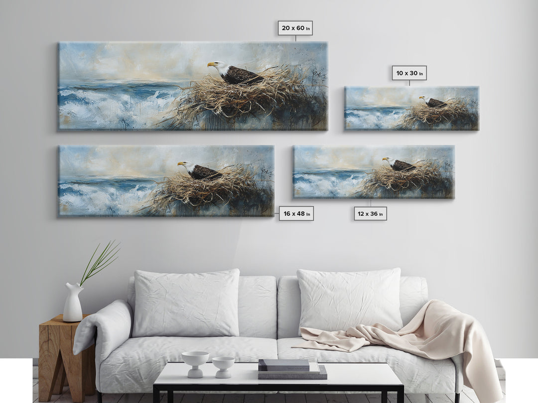 Eagle Nest, bird art, wildlife painting, coastal wall art, seascape painting, moody art, extra wide art, framed canvas print, above sofa art