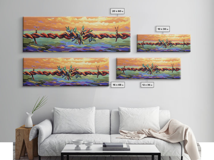 Barbed Wire Sunset, rustic wall art, southwest wall art, vibrant painting, western decor, long narrow wall art, framed canvas print