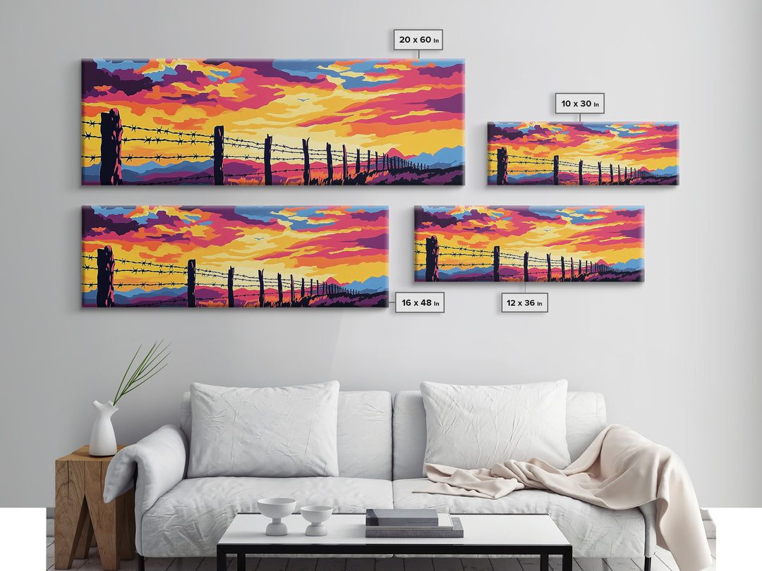 Barbed Wire Fence, southwest wall art, rustic decor, cowboy painting, panoramic art, long narrow wall art, framed canvas print, farmhouse art