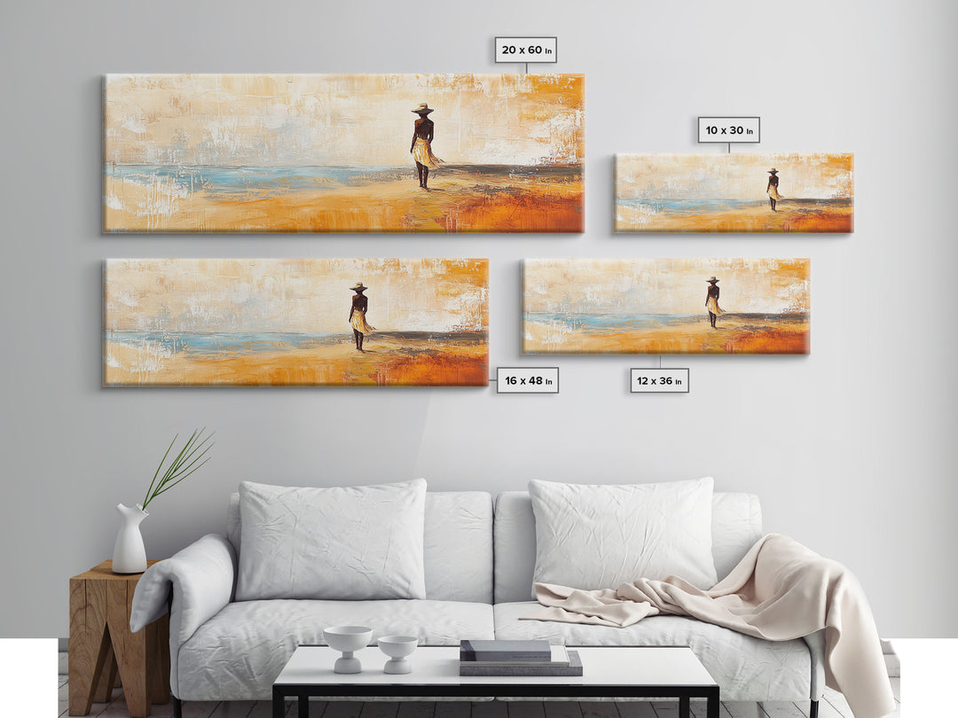 Desert Woman, African art, coastal wall art, rustic decor, minimalist painting, warm tones, framed canvas print, extra wide art