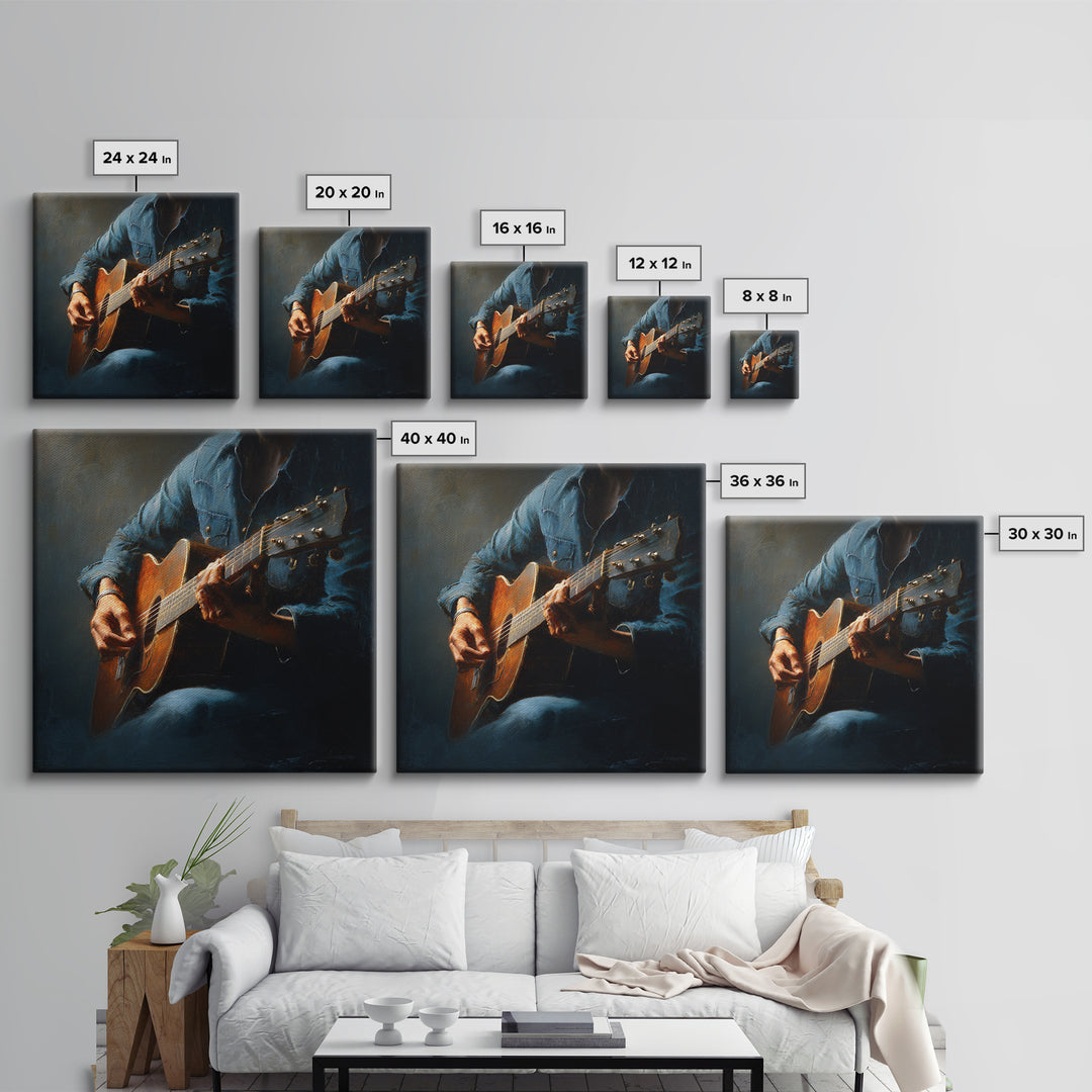 Musician Hands on Guitar Strings Canvas Print, Recording Studio Art, Music Wall Art, Studio Decor, Oil Painting, Analog, RSA-1x1-15