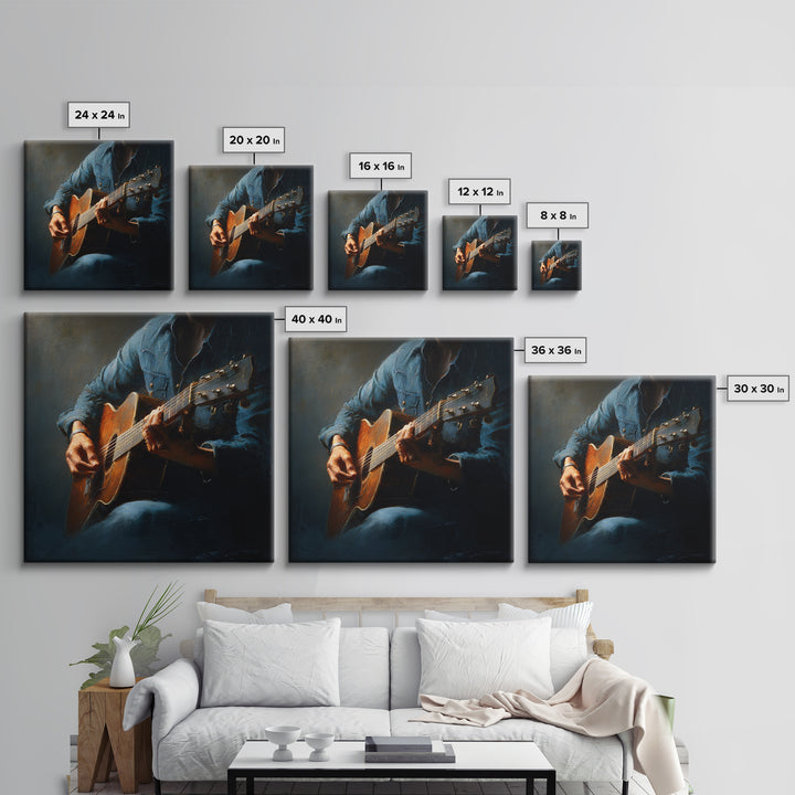 Musician Hands on Guitar Strings Canvas Print, Recording Studio Art, Music Wall Art, Studio Decor, Oil Painting, Analog, RSA-1x1-15