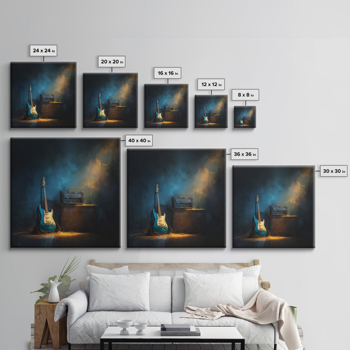 Electric Guitar Beside a Studio Amp Framed Canvas Print, Recording Studio Art, Wall Sculpture, Studio Decor, Oil Painting, RSA-1x1-28