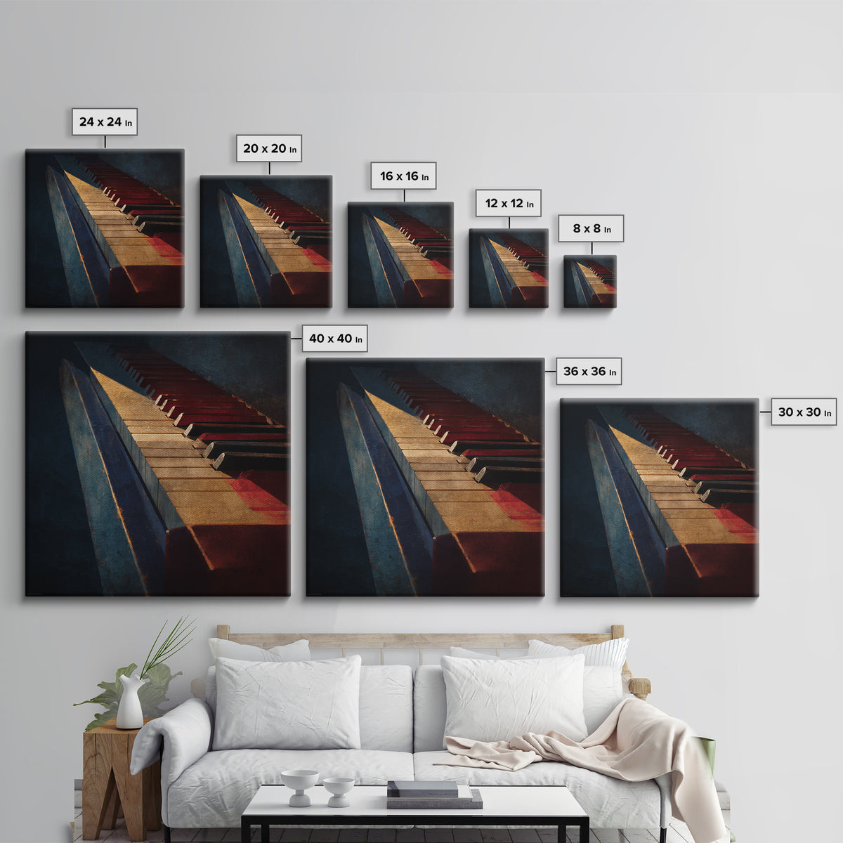Piano Keys Fading into Shadow Framed Canvas Print, Recording Studio Art, Home Decor, Studio Decor, Analog, Minimalist Decor, RSA-1x1-32