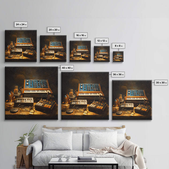 Analog Synthesizer Knobs and Cables Framed Canvas Print, Recording Studio Art, Downloadable Print, Studio Decor, Oil Painting, RSA-1x1-37