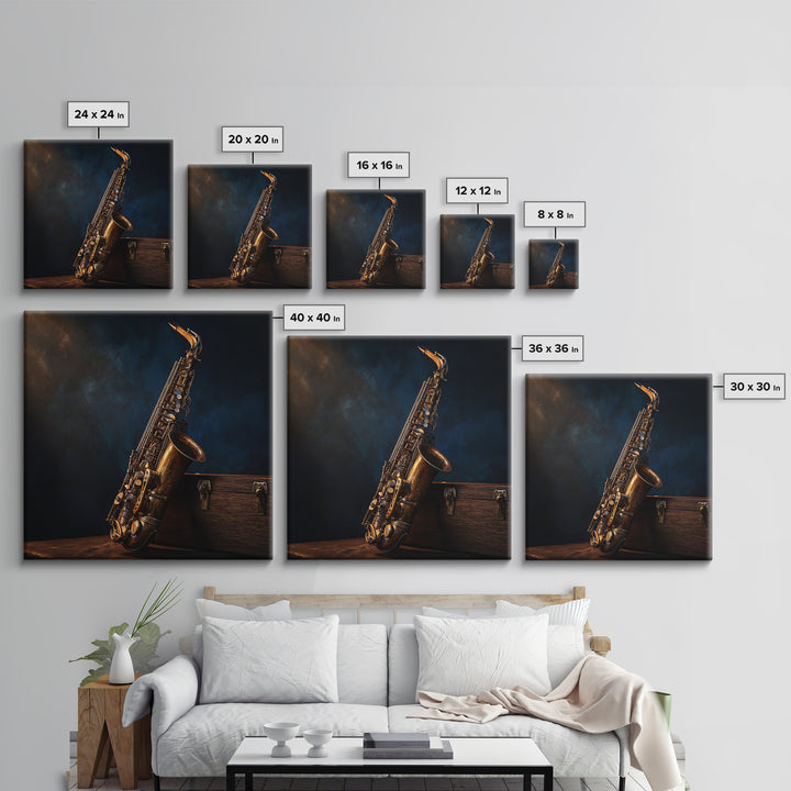 Brass Saxophone on Dark Velvet Framed Canvas Print, Recording Studio Art, Luxury Decor, Studio Decor, Fine Art, Analog, RSA-1x1-40