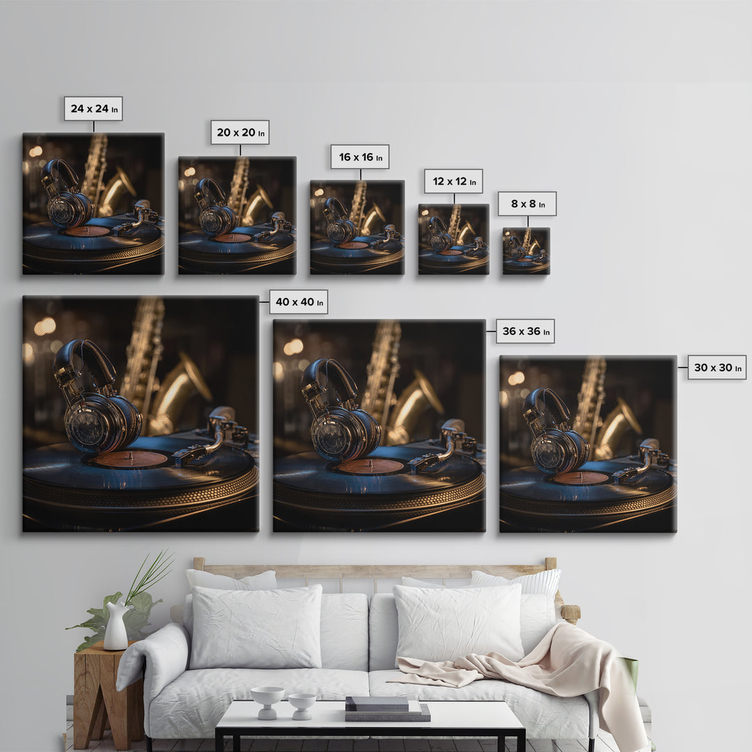Headphones Resting on a Vinyl Record Framed Canvas Print, Recording Studio Art, Music Room Decor, Studio Decor, Analog, RSA-1x1-53