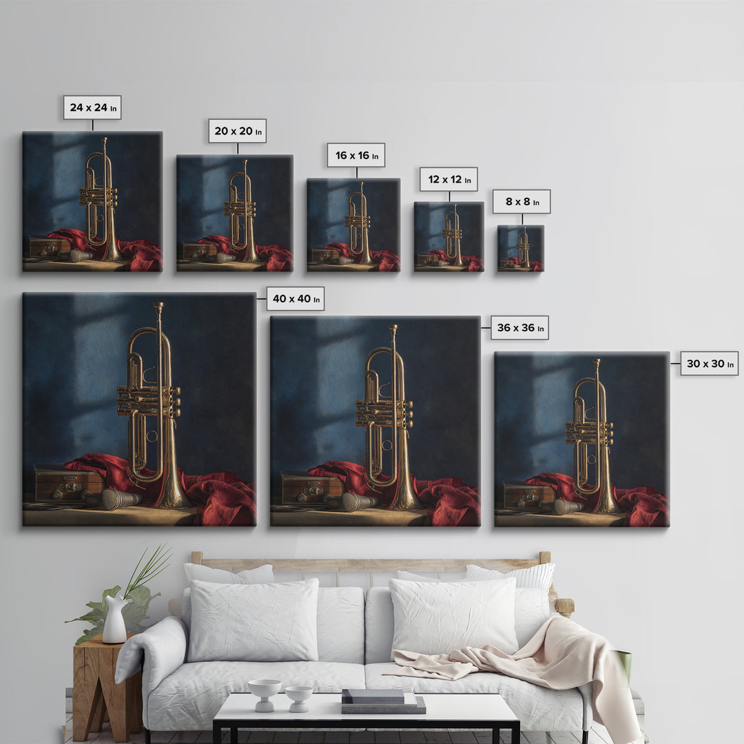 Jazz Trumpet and Microphone Still Life Framed Canvas Print, Recording Studio Art, Retro Wall Art, Studio Decor, Analog, RSA-1x1-7