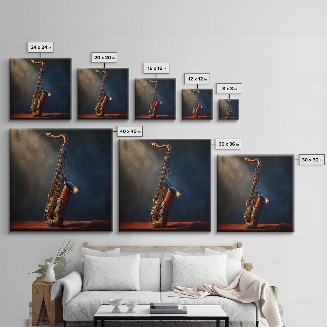 Brass Saxophone on Dark Velvet Framed Canvas Print, Recording Studio Art, Art Print, Studio Decor, Analog, Wall Sculpture, RSA-1x1-88