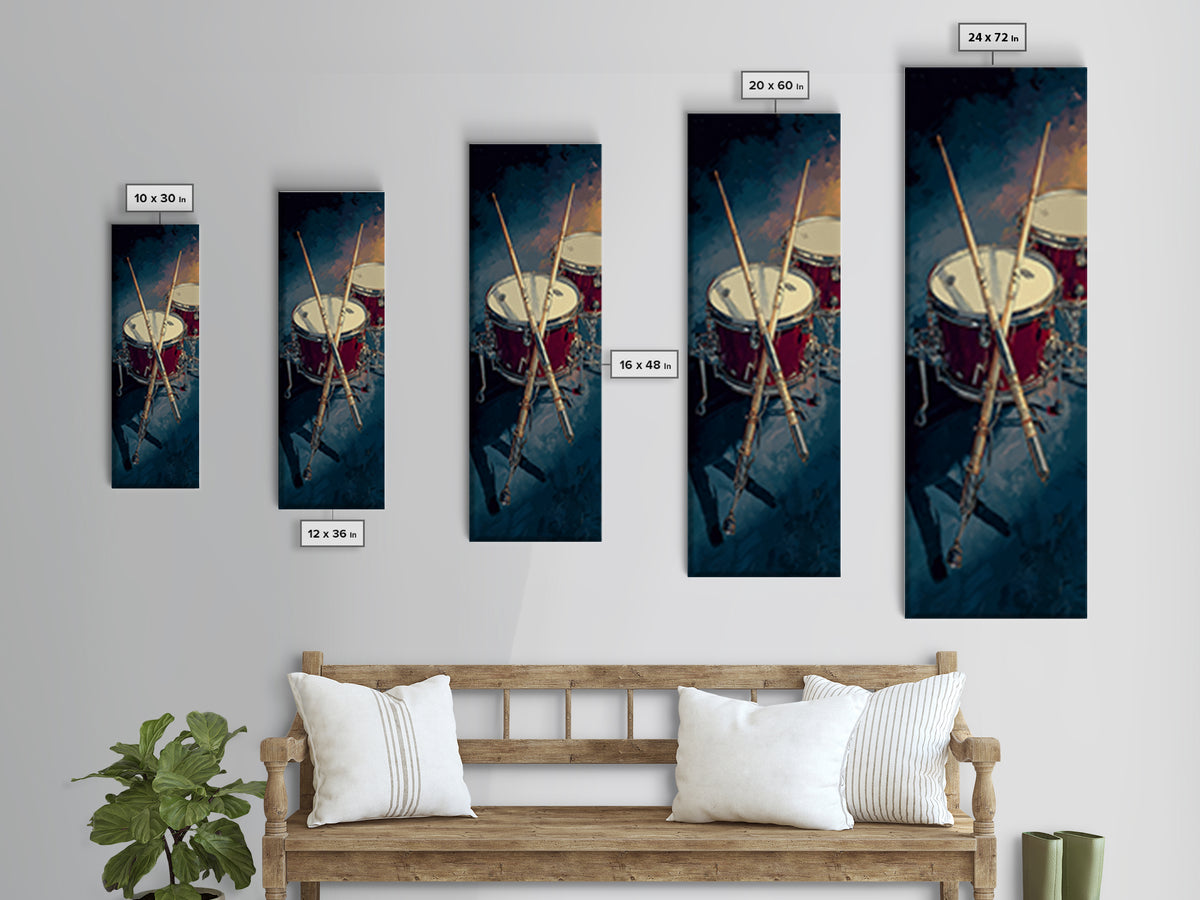 Drumsticks Crossed over Snare Drum Framed Canvas Print, Recording Studio Art, Musician Posters, Studio Decor, Fine Art, Analog, RSA-1x3-70