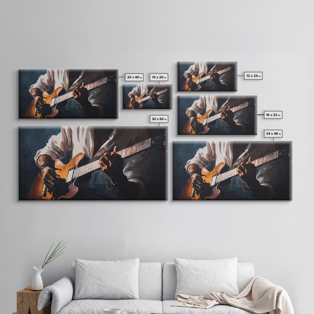 Musician Hands on Guitar Strings Framed Canvas Print, Recording Studio Art, Kids Room Art, Studio Decor, Fine Art, Analog, RSA-2x1-11