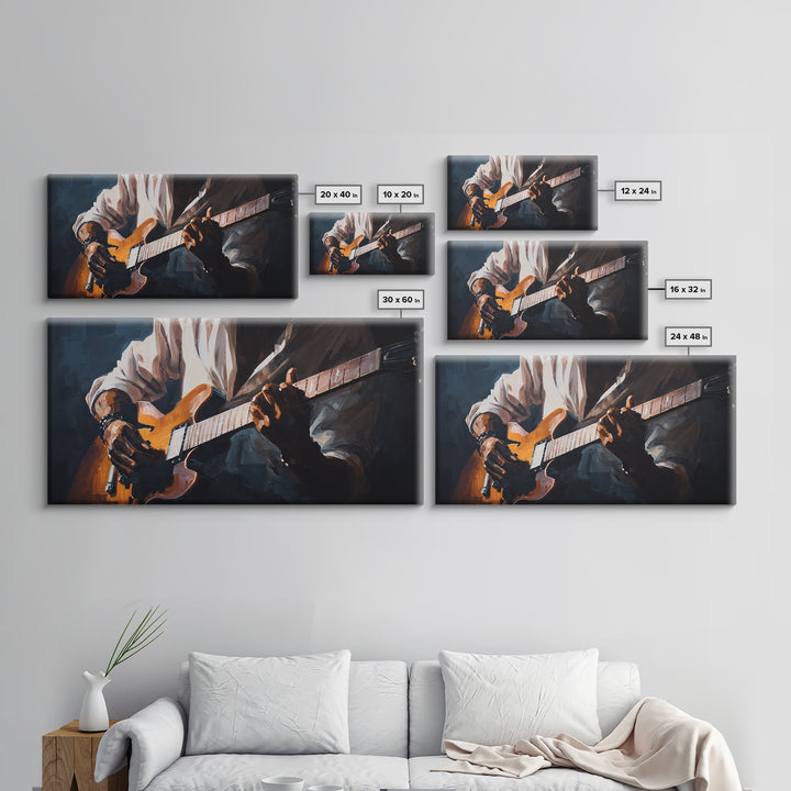 Musician Hands on Guitar Strings Framed Canvas Print, Recording Studio Art, Kids Room Art, Studio Decor, Fine Art, Analog, RSA-2x1-11