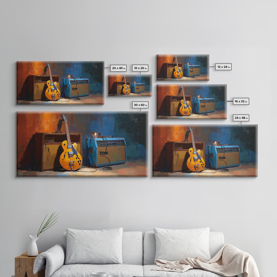 Electric Guitar Beside a Studio Amp Framed Canvas Print, Recording Studio Art, Textured Painting, Studio Decor, Analog, RSA-2x1-24