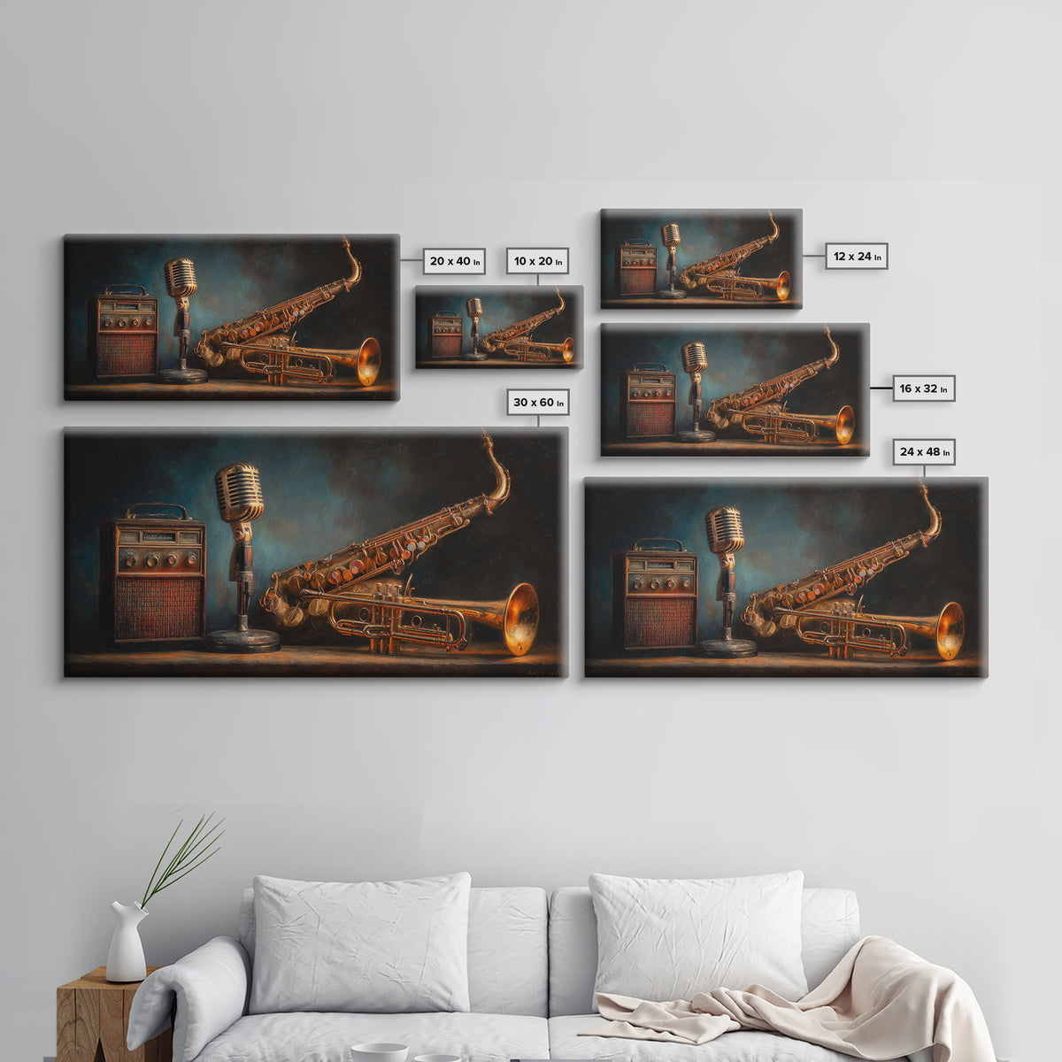 Jazz Trumpet and Microphone Still Life Framed Canvas Print, Recording Studio Art, Neutral Decor, Studio Decor, Fine Art, Analog, RSA-2x1-75