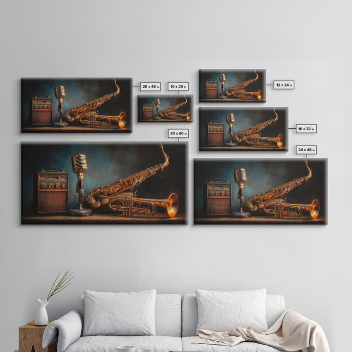 Jazz Trumpet and Microphone Still Life Framed Canvas Print, Recording Studio Art, Neutral Decor, Studio Decor, Fine Art, Analog, RSA-2x1-75