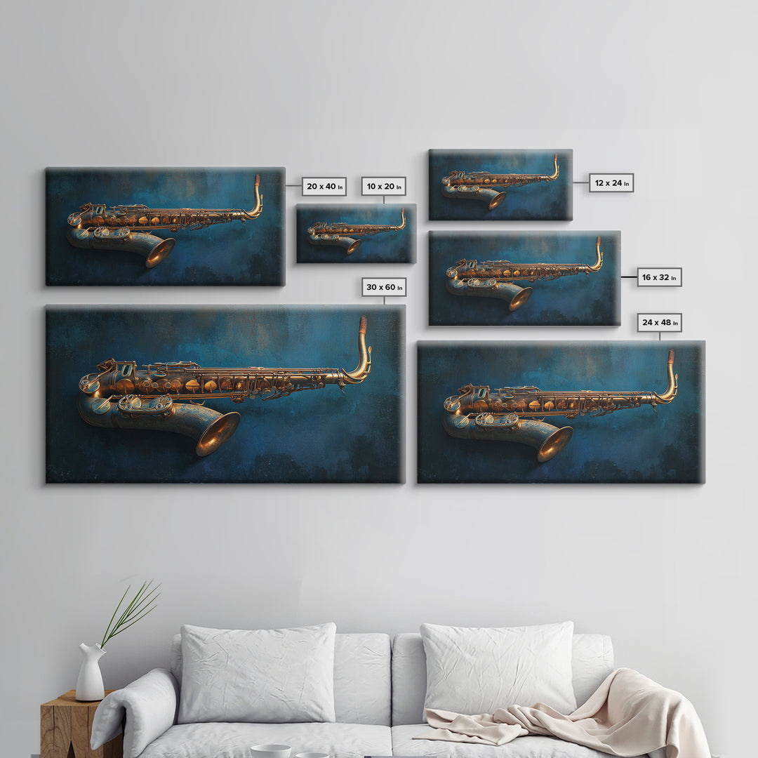 Brass Saxophone on Dark Velvet Framed Canvas Print, Recording Studio Art, Kids Room Art, Studio Decor, Fine Art, Analog, RSA-2x1-84