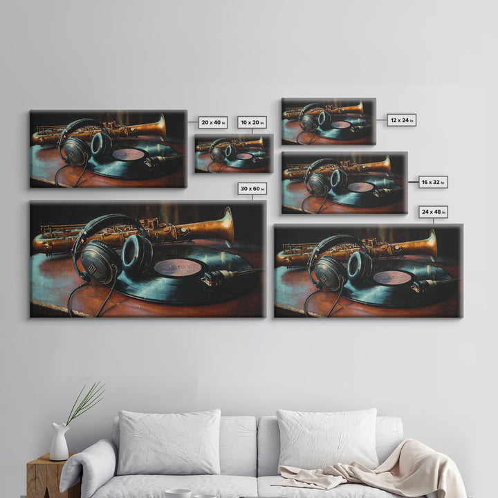 Headphones Resting on a Vinyl Record Framed Canvas Print, Recording Studio Art, Modern Wall Art, Studio Decor, Fine Art, Analog, RSA-2x1-97