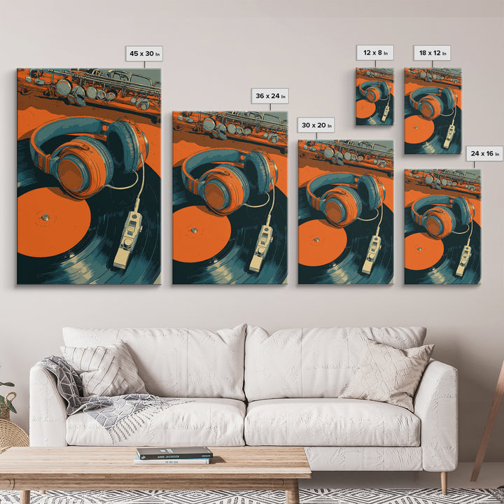 Headphones Resting on a Vinyl Record Framed Canvas Print, Recording Studio Art, Room Decor, Studio Decor, Fine Art, Analog, RSA-2x3-37