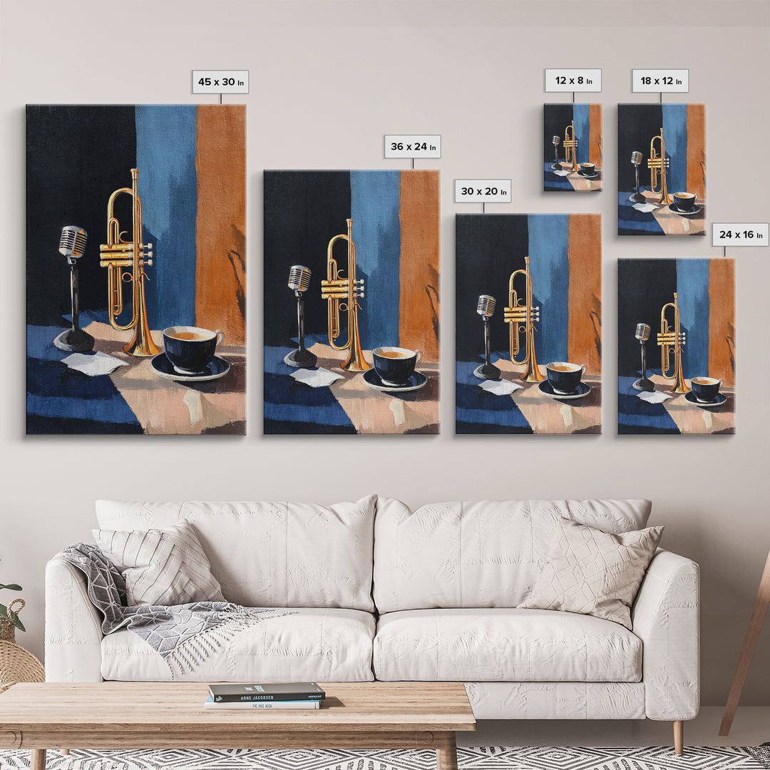 Jazz Trumpet and Microphone Still Life Framed Canvas Print, Recording Studio Art, Printable Art, Studio Decor, Fine Art, Analog, RSA-2x3-87