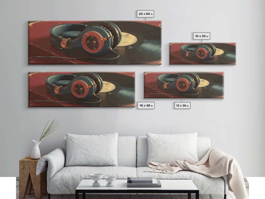 Headphones Resting on a Vinyl Record Canvas Print, Recording Studio Art, Digital Download Art, Studio Decor, Fine Art, Analog, RSA-3x1-45