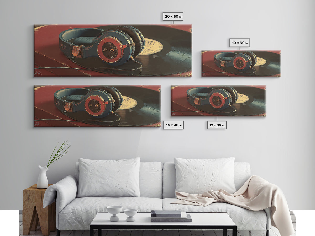 Headphones Resting on a Vinyl Record Canvas Print, Recording Studio Art, Digital Download Art, Studio Decor, Fine Art, Analog, RSA-3x1-45