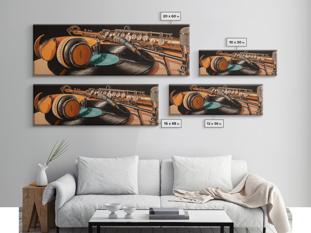 Headphones Resting on a Vinyl Record Canvas Print, Recording Studio Art, Musician Posters, Studio Decor, Fine Art, Analog, RSA-3x1-93