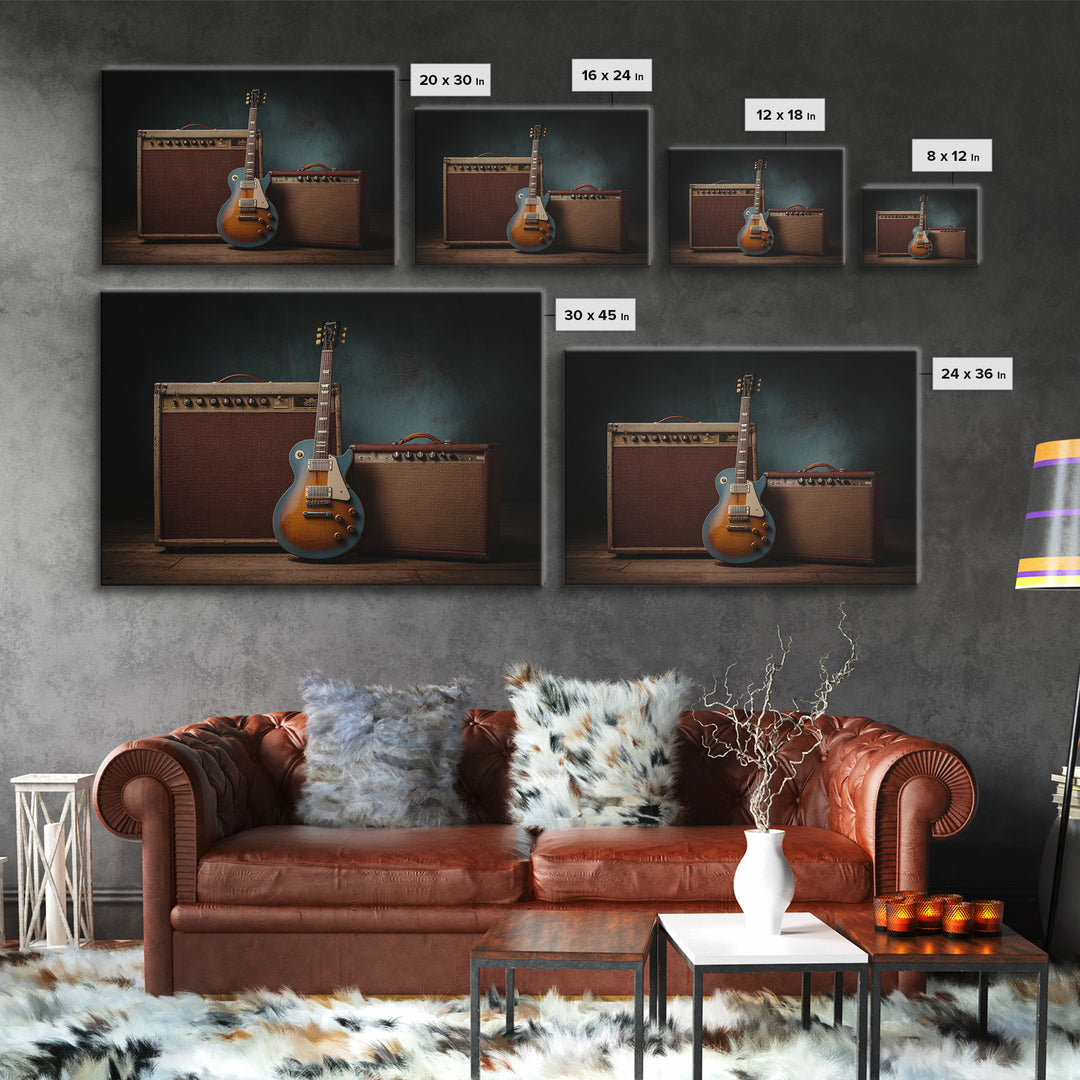 Electric Guitar Beside a Studio Amp Canvas Print, Recording Studio Art, Dtf Print, Studio Decor, Analog, Gallery Decor, RSA-3x2-56