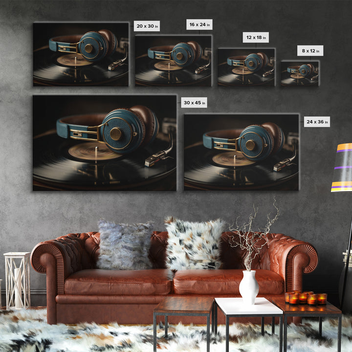 Headphones Resting on a Vinyl Record Canvas Print, Recording Studio Art, Music Posters, Studio Decor, Fine Art, Analog, RSA-3x2-57
