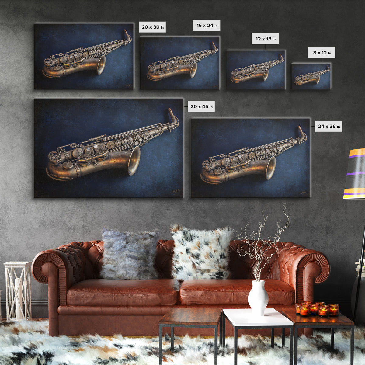 Brass Saxophone on Dark Velvet Canvas Print, Recording Studio Art, Headphones Poster, Studio Decor, Fine Art, Analog, RSA-3x2-68