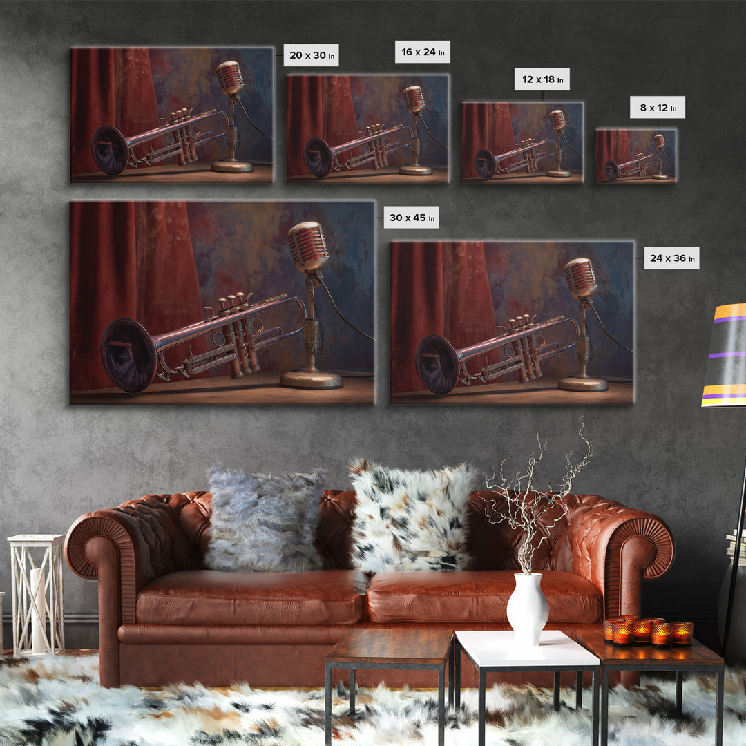 Jazz Trumpet and Microphone Still Life Canvas Print, Recording Studio Art, Neutral Decor, Studio Decor, Fine Art, Analog, RSA-3x2-83