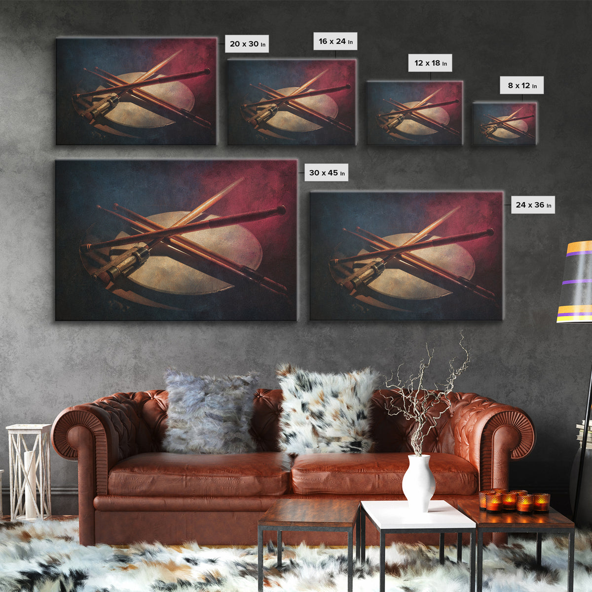 Drumsticks Crossed over Snare Drum Framed Canvas Print, Recording Studio Art, Music Posters, Studio Decor, Fine Art, Analog, RSA-3x2-86