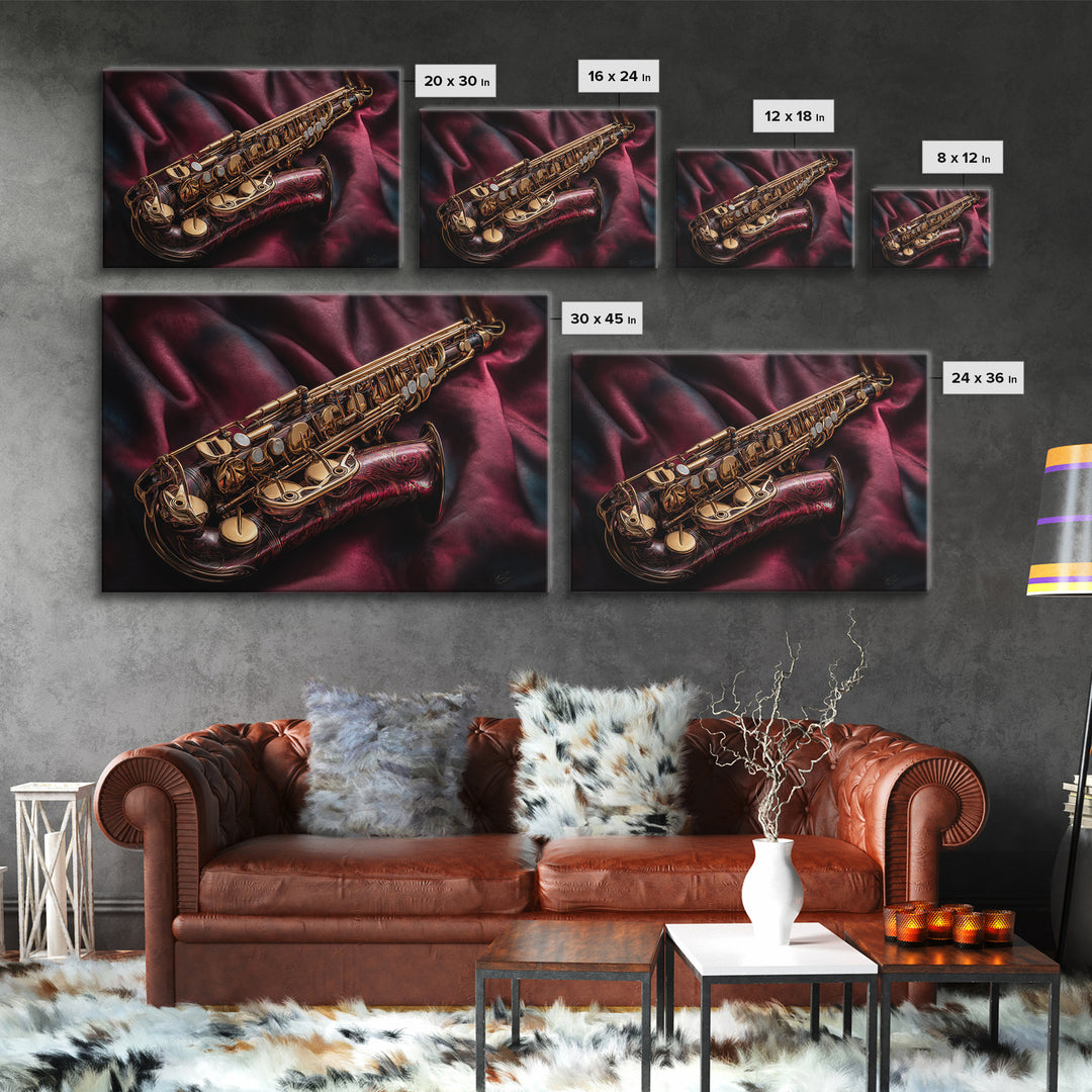 Brass Saxophone on Dark Velvet Framed Canvas Print, Recording Studio Art, Music Room Decor, Studio Decor, Fine Art, Analog, RSA-3x2-92