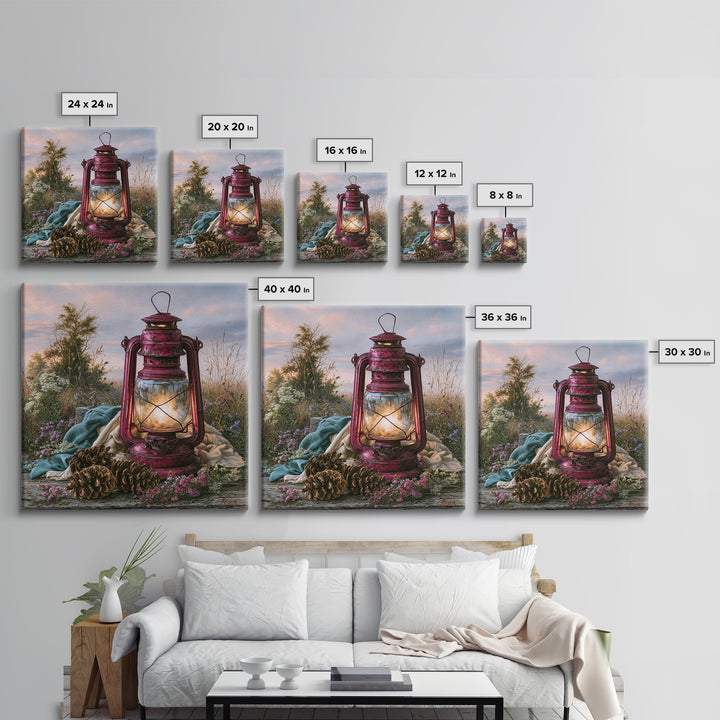 Rustic Lantern Glowing Beside Pinecones Framed Canvas Print, Rustic Art, Gallery Wall Set, Farmhouse Decor, Watercolor Art, RUS-1x1-100