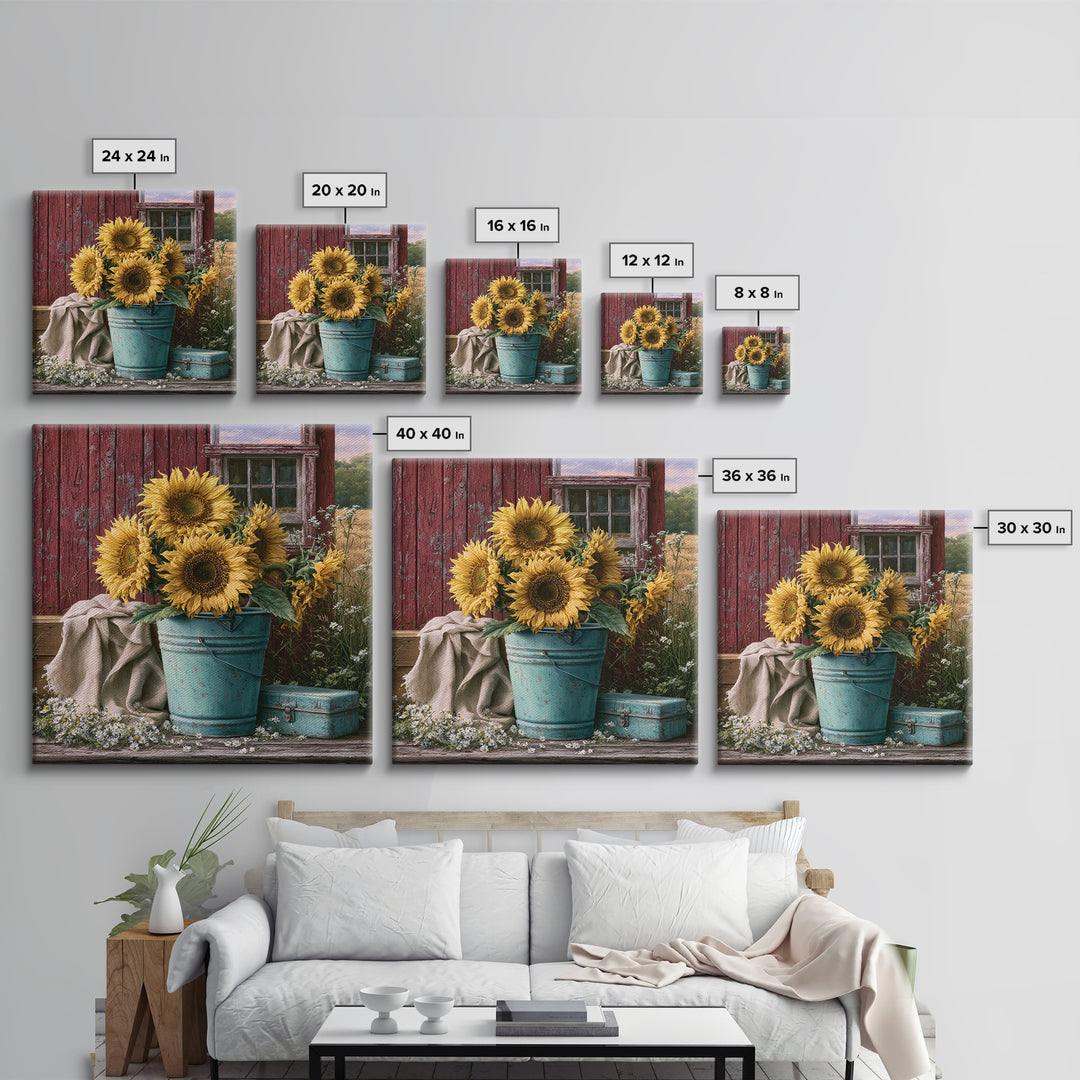 Sunflowers in a Metal Bucket Framed Canvas Print, Rustic Art, Painting, Farmhouse Decor, Oil Painting, Rustic, Boho Wall Art, RUS-1x1-12