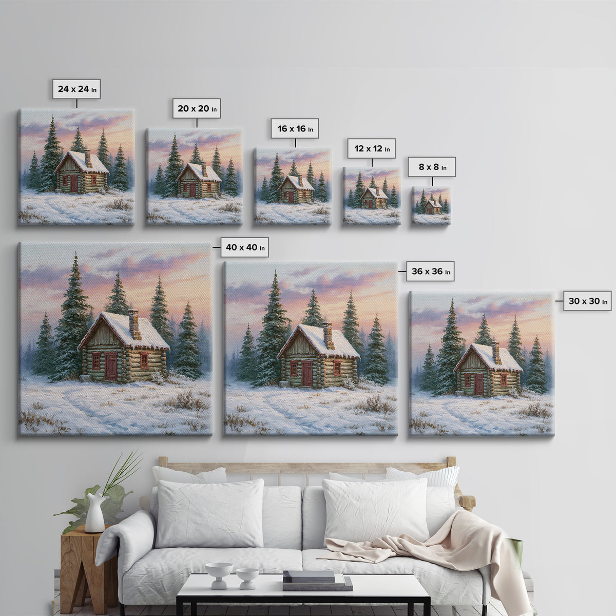 Log Cabin with Snowy Pines Canvas Print, Rustic Art, Farmhouse Decor, Oil Painting, Rustic, Gallery Wall Art, RUS-1x1-15