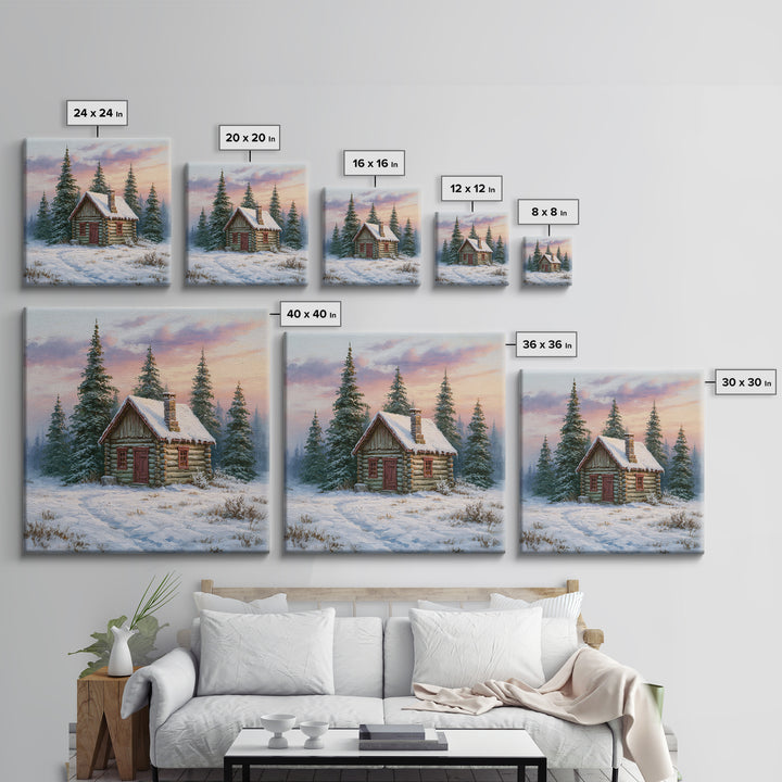 Log Cabin with Snowy Pines Canvas Print, Rustic Art, Farmhouse Decor, Oil Painting, Rustic, Gallery Wall Art, RUS-1x1-15