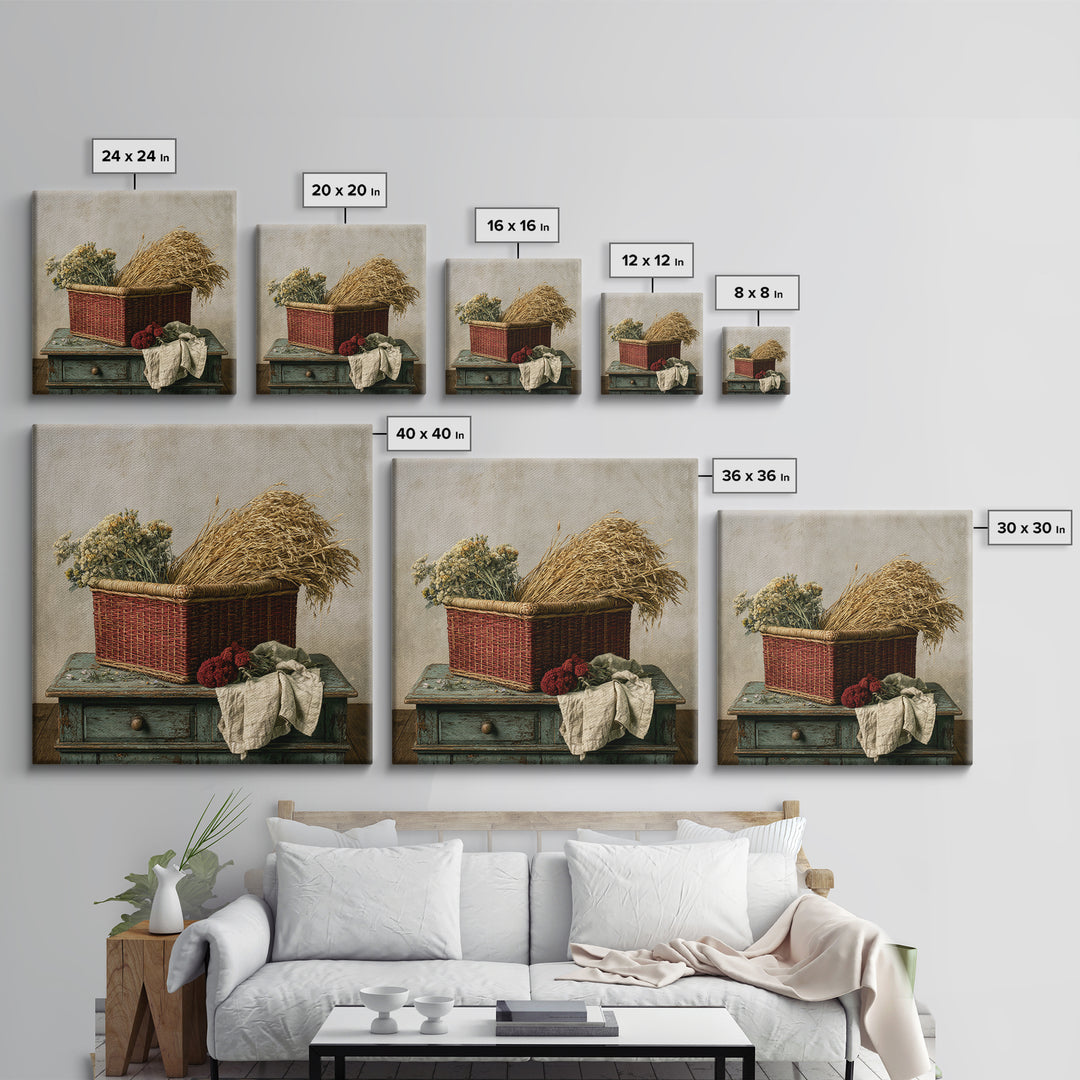 Handwoven Basket with Dried Grasses Framed Canvas Print, Rustic Art, Farmhouse Wall Art, Farmhouse Decor, Watercolor Art, RUS-1x1-24